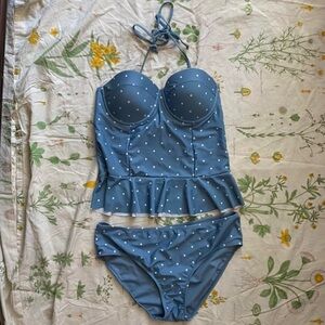 SOLD- Baby blue & white, polka dot, halter tankini.